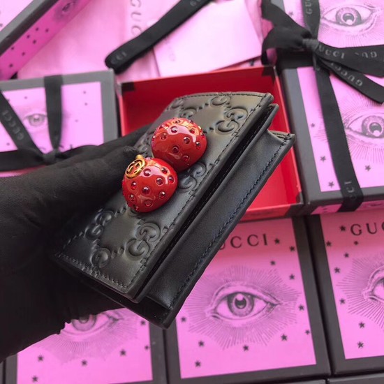 Gucci Signature card case with cherries 476050 Black