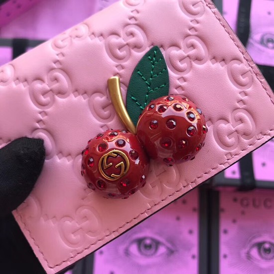 Gucci Signature card case with cherries 476050 pink