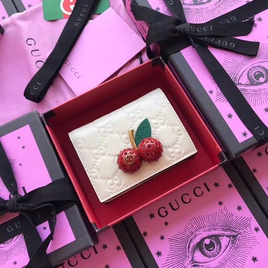 Gucci Signature card case with cherries 476050 white