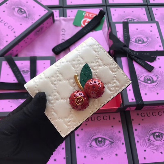 Gucci Signature card case with cherries 476050 white