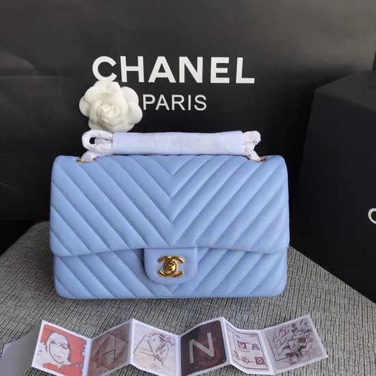 Chanel Flap Original sheepskin Shoulder Bag 1112V Light blue gold chain