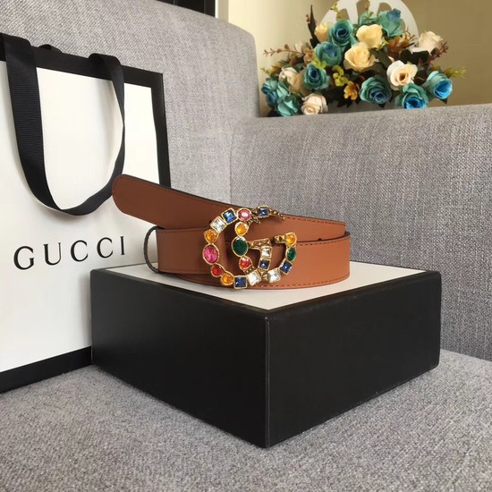 Gucci Leather belt with crystal Double G buckle 513183 Camel