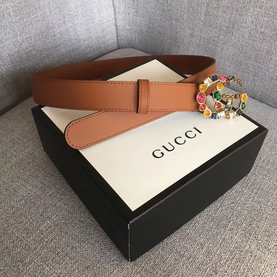 Gucci Leather belt with crystal Double G buckle 513183 Camel