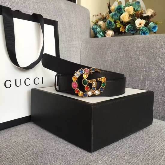 Gucci Leather belt with crystal Double G buckle 513183 black