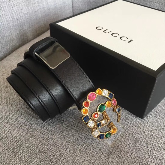 Gucci Leather belt with crystal Double G buckle 513183 black