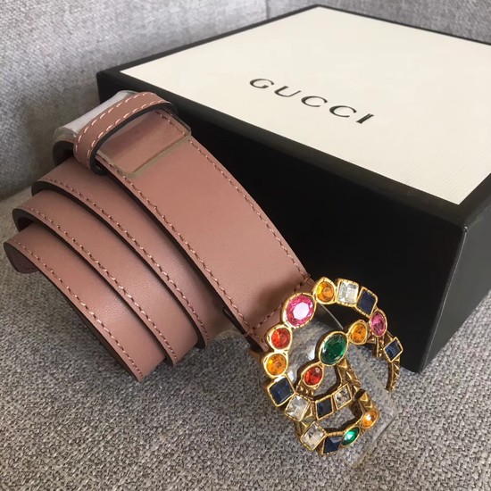 Gucci Leather belt with crystal Double G buckle 513183 dark pink