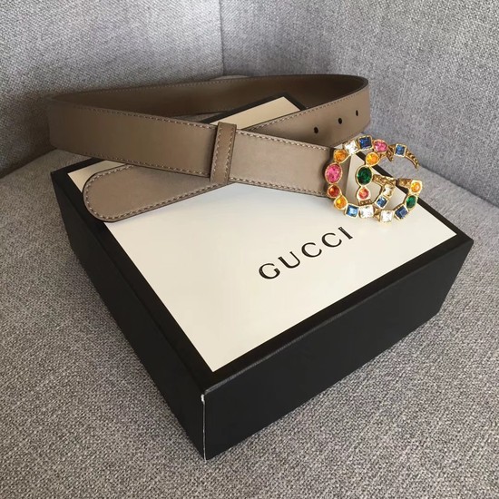 Gucci Leather belt with crystal Double G buckle 513183 grey