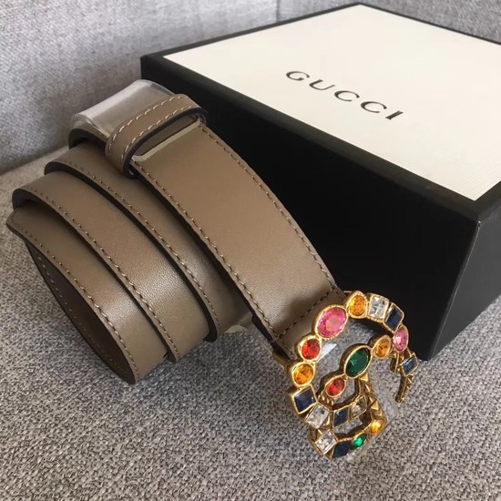 Gucci Leather belt with crystal Double G buckle 513183 grey