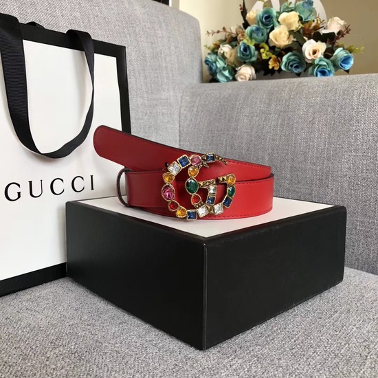 Gucci Leather belt with crystal Double G buckle 513183 red