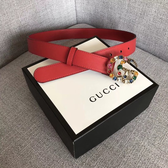 Gucci Leather belt with crystal Double G buckle 513183 red