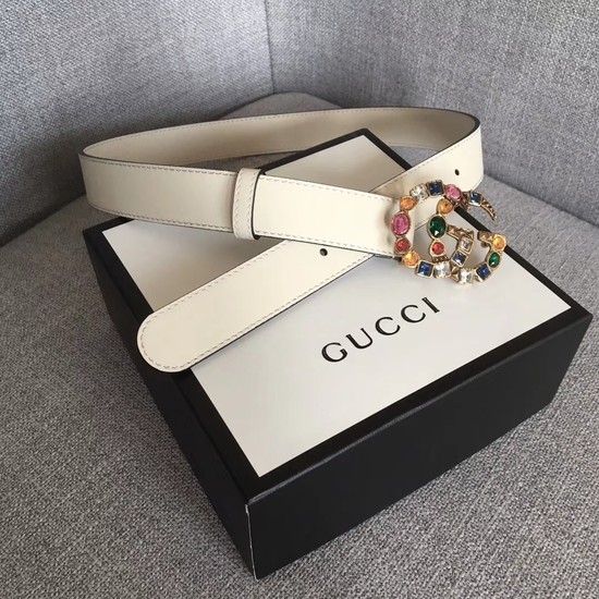 Gucci Leather belt with crystal Double G buckle 513183 white
