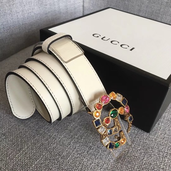 Gucci Leather belt with crystal Double G buckle 513183 white