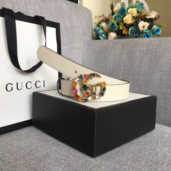 Gucci Leather belt with crystal Double G buckle 513183 white
