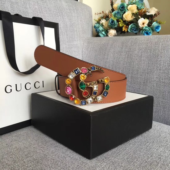 Gucci Leather belt with crystal Double G buckle 513184 Camel