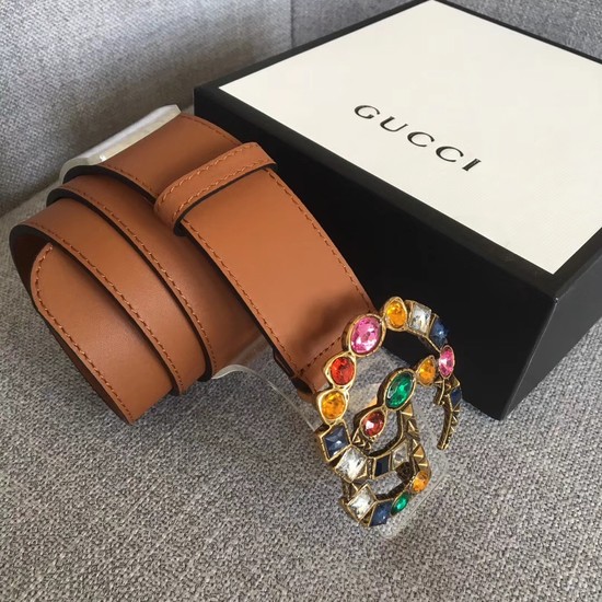 Gucci Leather belt with crystal Double G buckle 513184 Camel