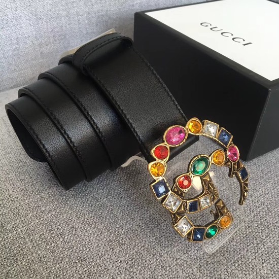 Gucci Leather belt with crystal Double G buckle 513184 black