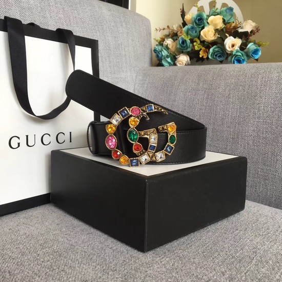 Gucci Leather belt with crystal Double G buckle 513184 black