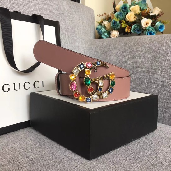 Gucci Leather belt with crystal Double G buckle 513184 dark pink