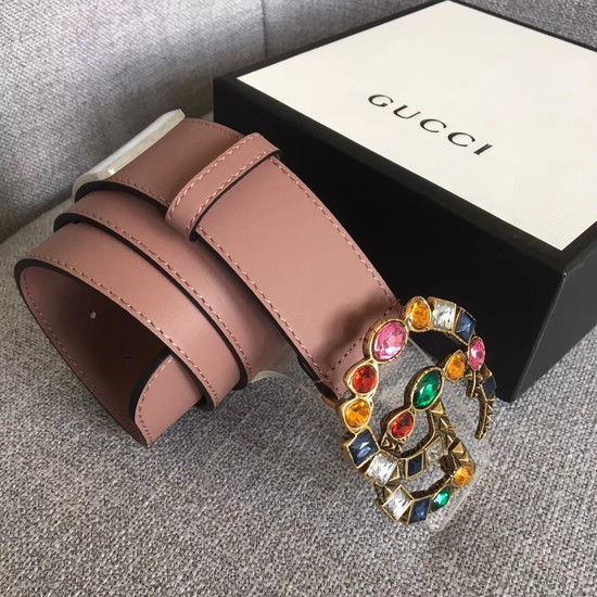 Gucci Leather belt with crystal Double G buckle 513184 dark pink