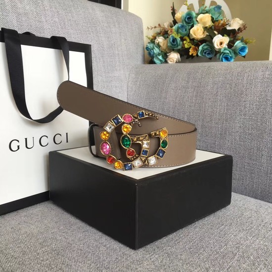 Gucci Leather belt with crystal Double G buckle 513184 grey