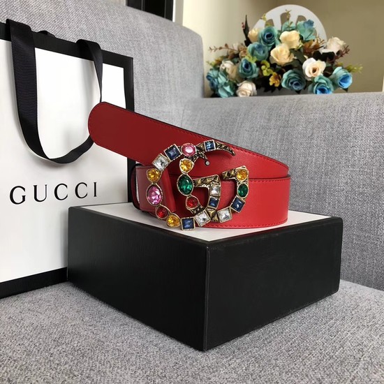 Gucci Leather belt with crystal Double G buckle 513184 red