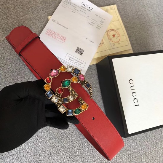 Gucci Leather belt with crystal Double G buckle 513184 red