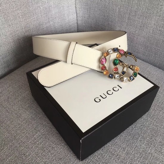 Gucci Leather belt with crystal Double G buckle 513184 white