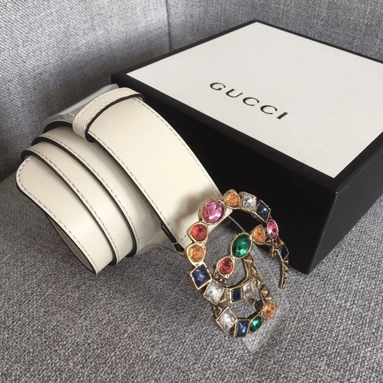 Gucci Leather belt with crystal Double G buckle 513184 white