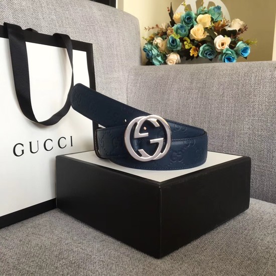 Gucci Signature leather belt 370543 dark blue