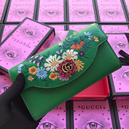 Gucci Leather Double G and crystals wallet 499313 green