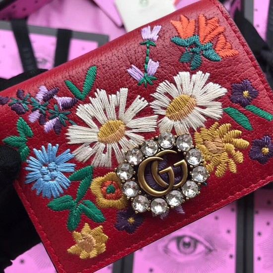 Gucci Leather card case with Double G and crystals 499311 red