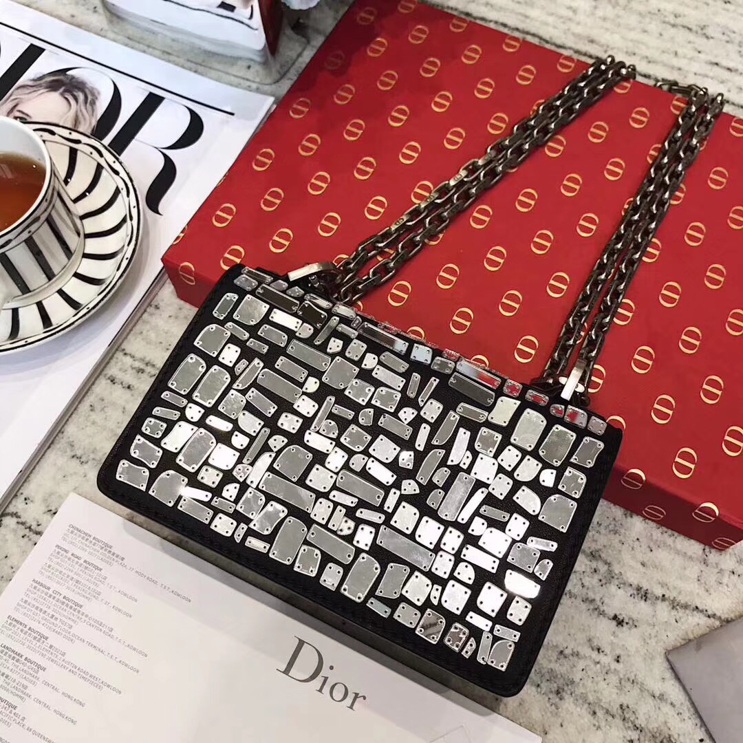Dior Mini Jadior flap bag calfskin embroidered with a mosaic of mirrors M9002C black