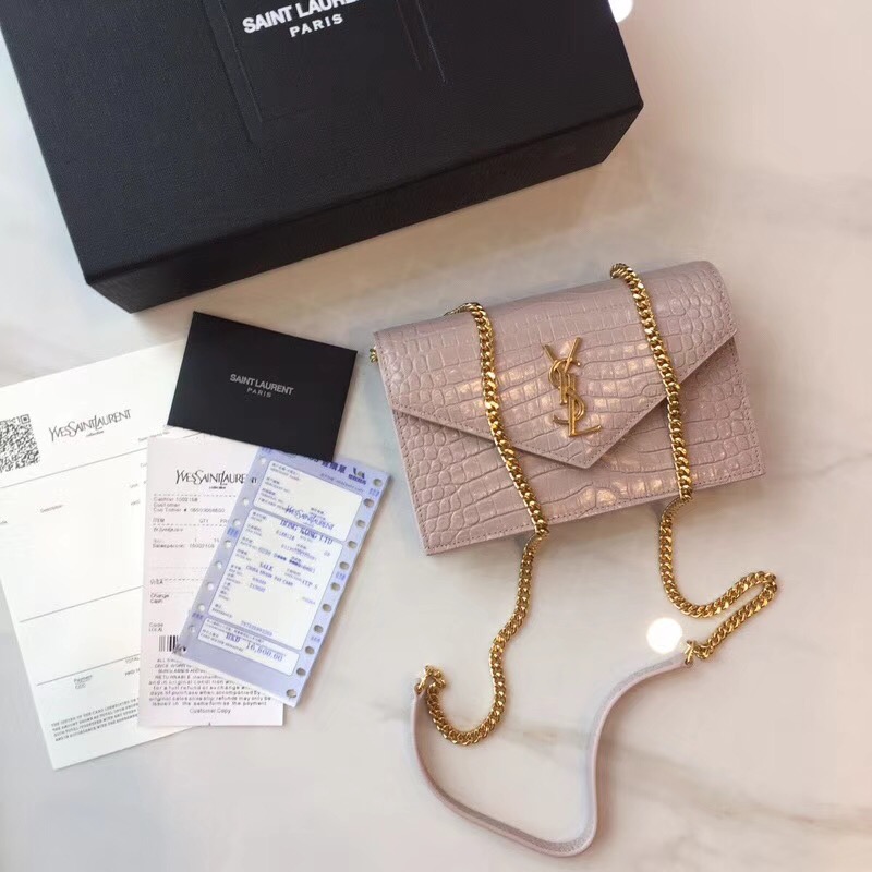 Yves Saint Laurent Monogramme crocodile-embossed leather cross-body bag 2570 pink