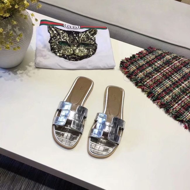 Hermes lady leather fashion Slipper HO811HMJ silver