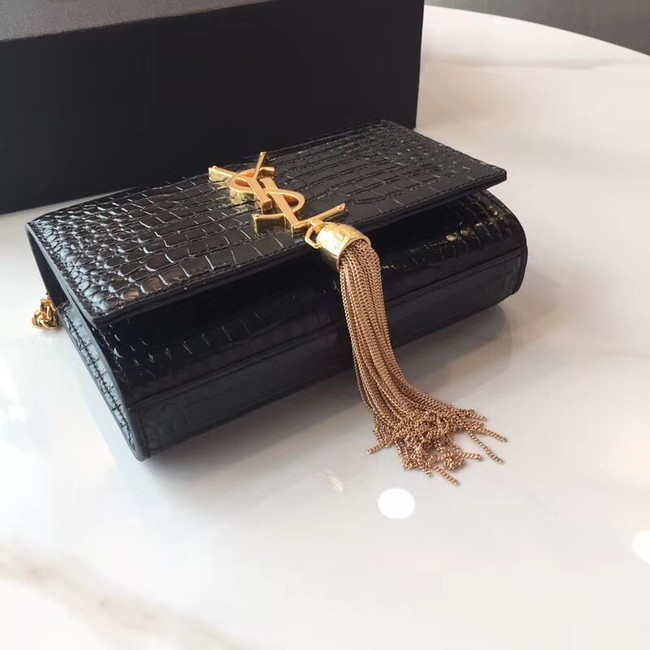 SAINT LAURENT Monogram Kate small crocodile-embossed leather shoulder bag 354120 Black