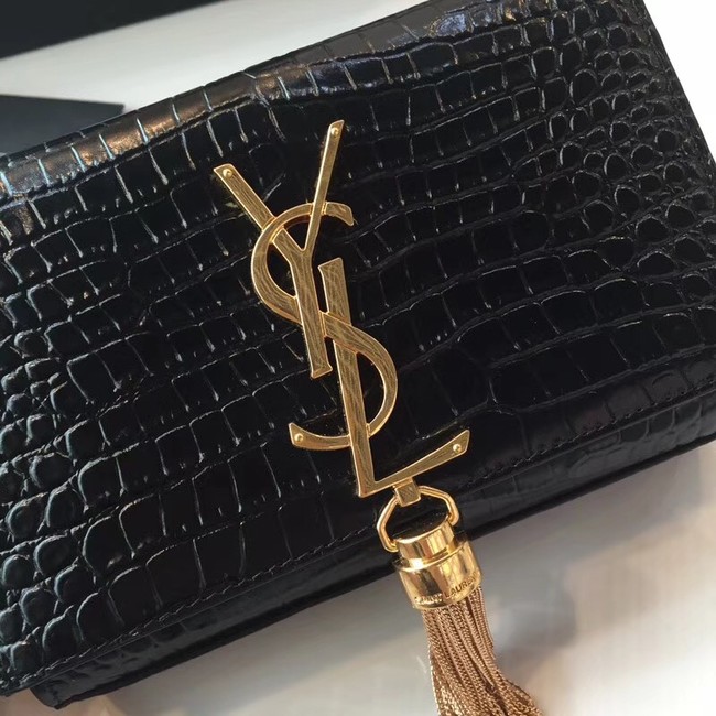 SAINT LAURENT Monogram Kate small crocodile-embossed leather shoulder bag 354120 Black