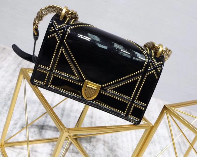 SMALL DIORAMA BAG IN BLACK-TONE STUDDED METALLIC CALFSKIN WITH LARGE CANNAGE MOTIF M0421