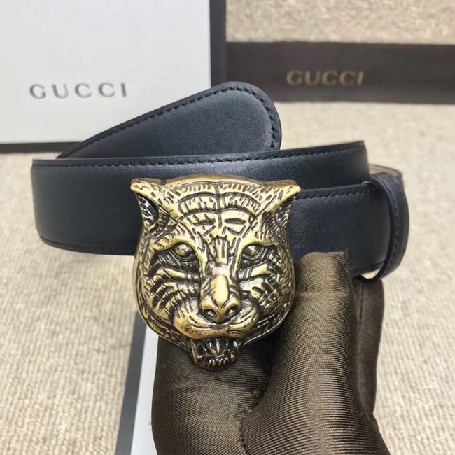 Gucci Leather belt with feline buckle 409420 black