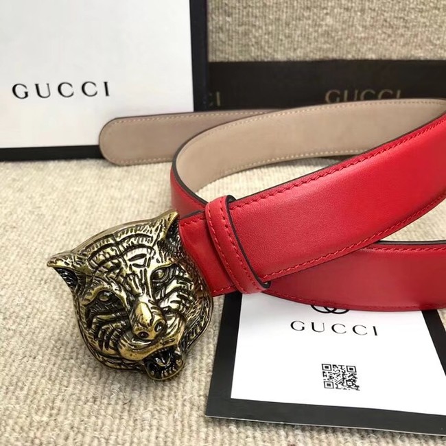 Gucci Leather belt with feline buckle 409420 red