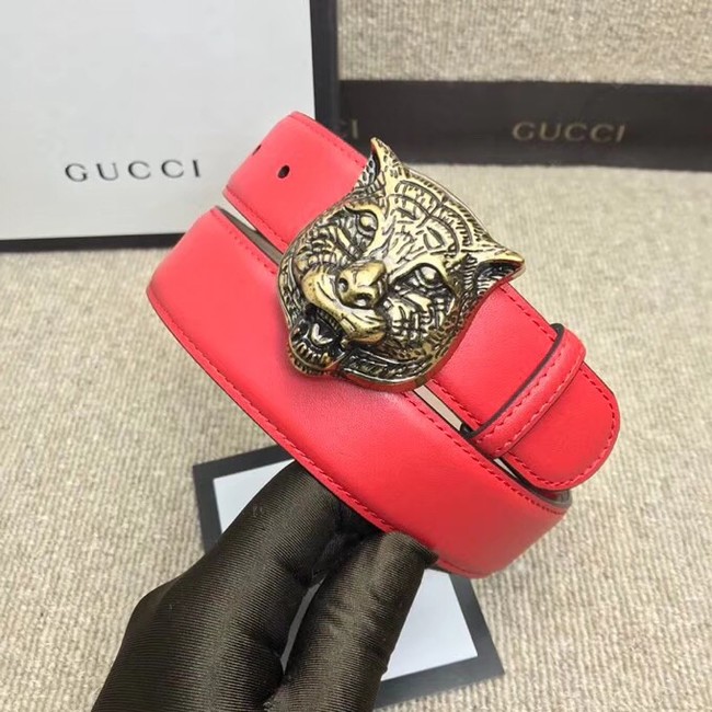 Gucci Leather belt with feline buckle 409420 red