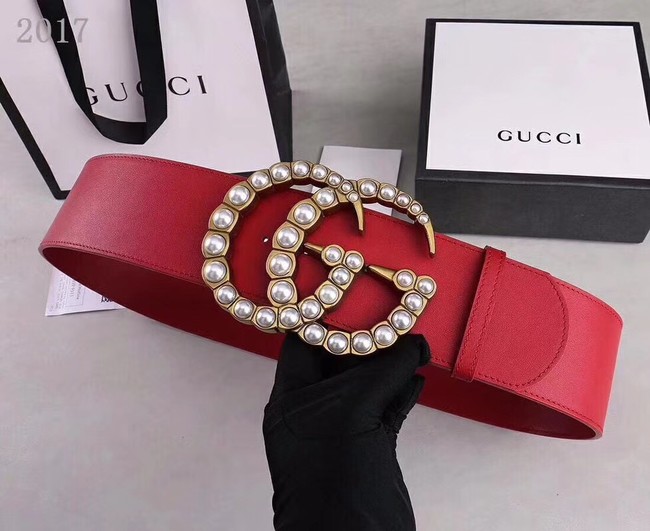 Gucci Wide leather belt with pearl Double G 453261 red