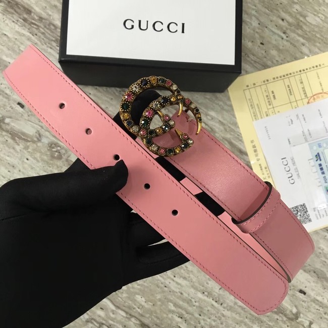 Gucci Leather belt with crystal Double G buckle 480199 pink