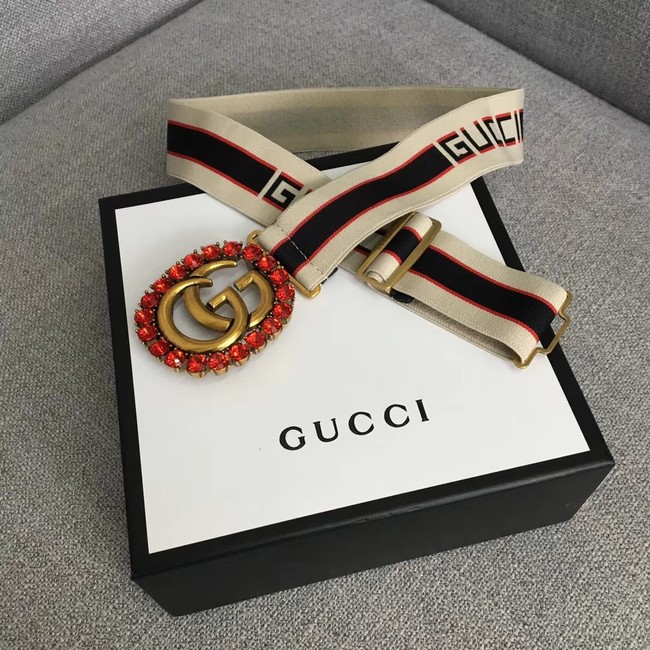Gucci stripe belt with Double G and crystals 499633 white&blue