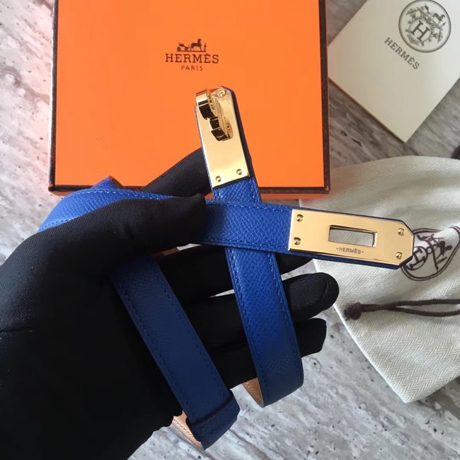 Hermes original epsom leather Kelly belt H069854 blue gold plated metal