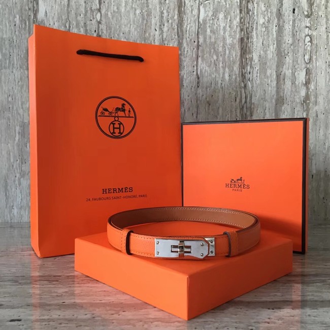 Hermes original epsom leather Kelly belt H069854 orange silver plated metal