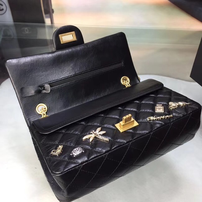 Chanel 2.55 Handbag Aged Calfskin Charms & Gold-Tone Metal A37586 Black