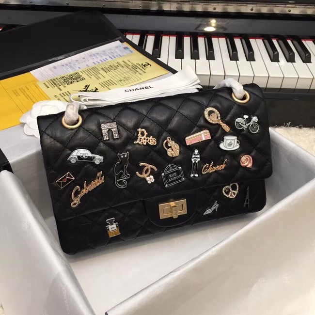 Chanel 2.55 Handbag Aged Calfskin Charms & Gold-Tone Metal B37586 Black
