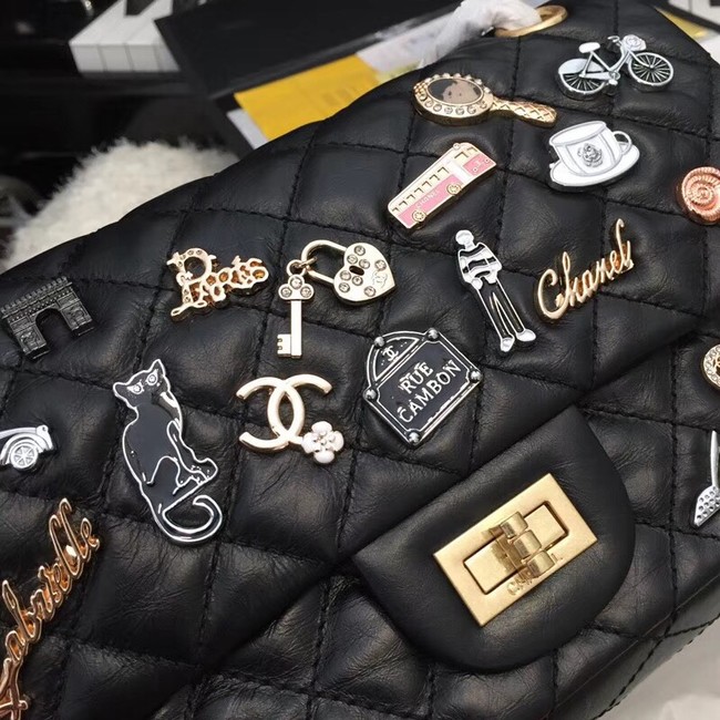 Chanel 2.55 Handbag Aged Calfskin Charms & Gold-Tone Metal B37586 Black