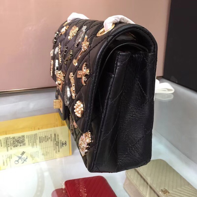 Chanel 2.55 Handbag Aged Calfskin Charms & Gold-Tone Metal C37586 Black