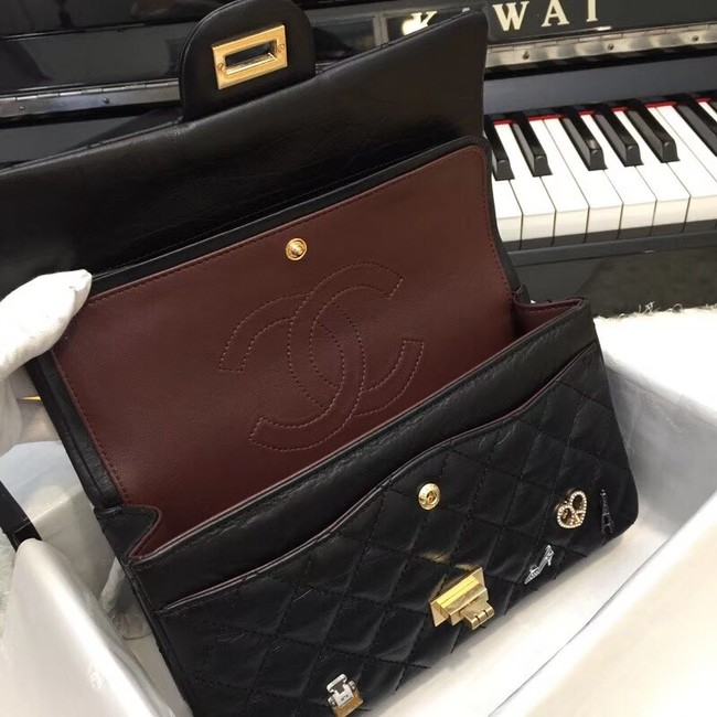 Chanel 2.55 Handbag Aged Calfskin Charms & Gold-Tone Metal C37586 Black